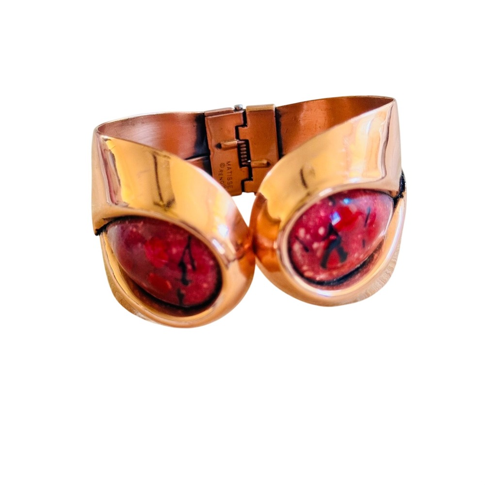 VTG Renoir Hinged Cuff Bracelet Enamel Statement Copper Modernist Retro MCM 50s